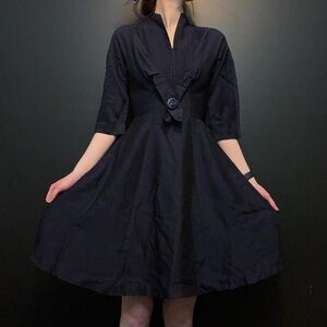 Vintage navy blue a line dress with pleated neck